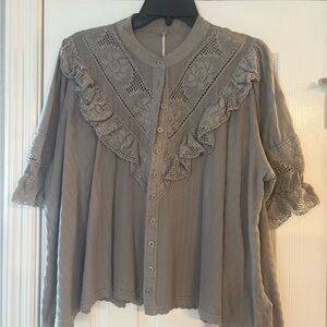 Free People Taupe Lace Ruffle Blouse